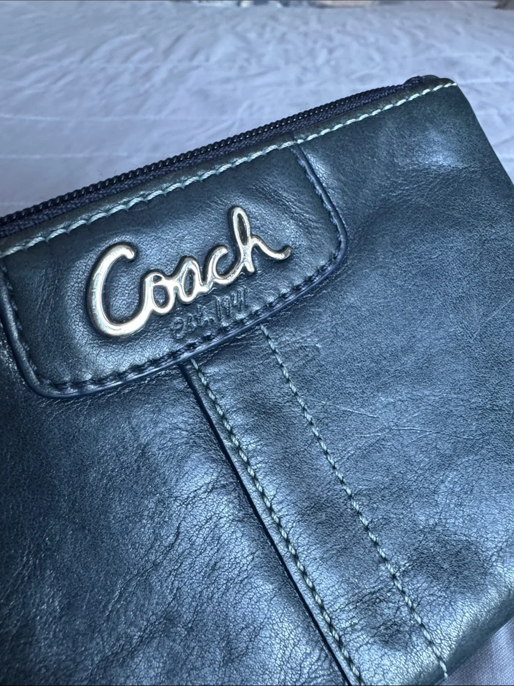 Coach Navy Leather Wristlet with Silver Hardware